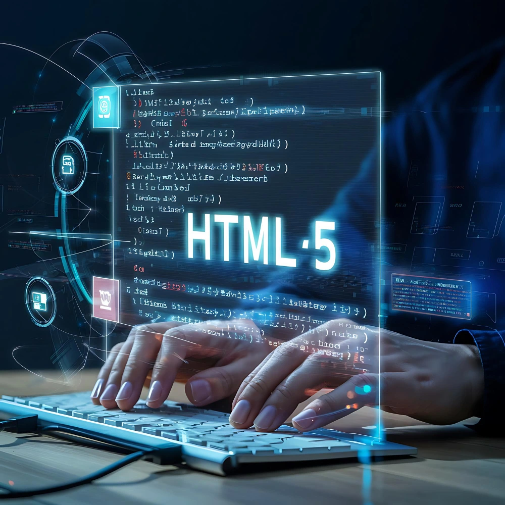 HTML web development illustration showing responsive website design and user experience